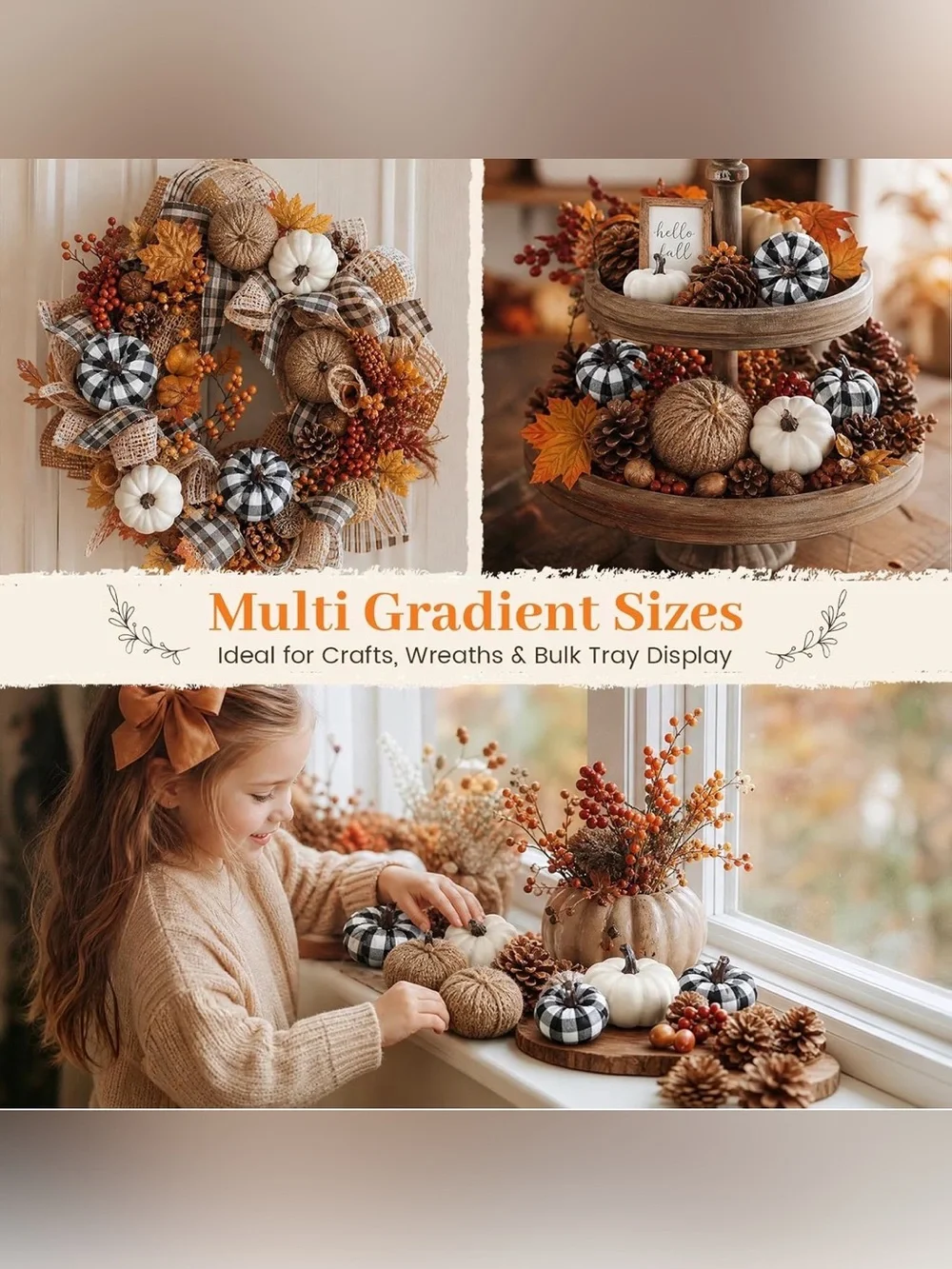 DomeStar 8 Pc Mini Pumpkins Black White Plaid Burlap Farmhouse Fall Decor